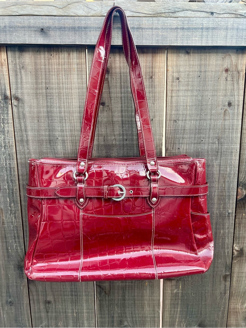 Patent Croc-Embossed Red Shoulder Tote